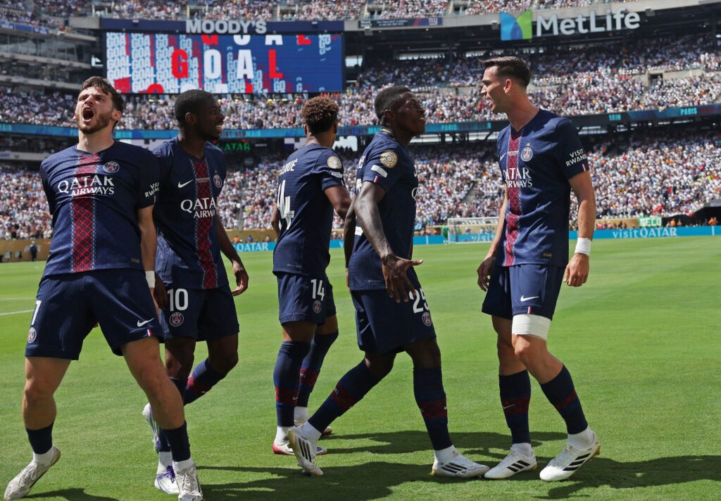 PSG players celebrate Fabián Ruiz’s goal in the PSG vs Real Madrid Club World Cup semifinal at MetLife Stadium.