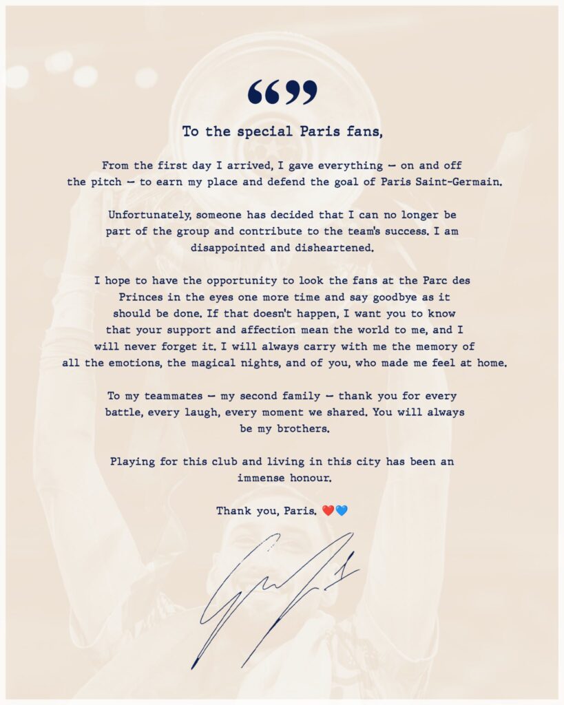 Gianluigi Donnarumma announces exit from PSG