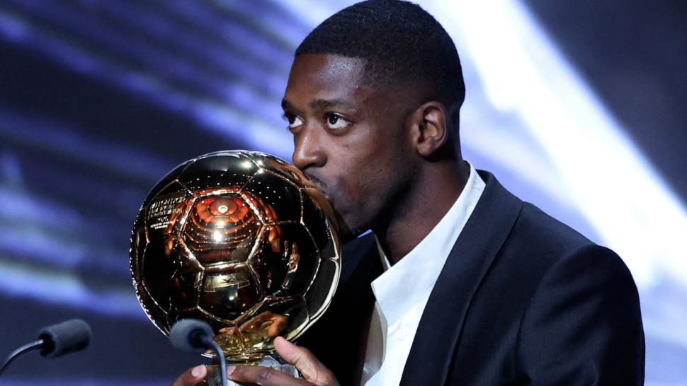 Ousmane Dembélé lifting Ballon d'Or 2025 trophy at Théâtre du Châtelet